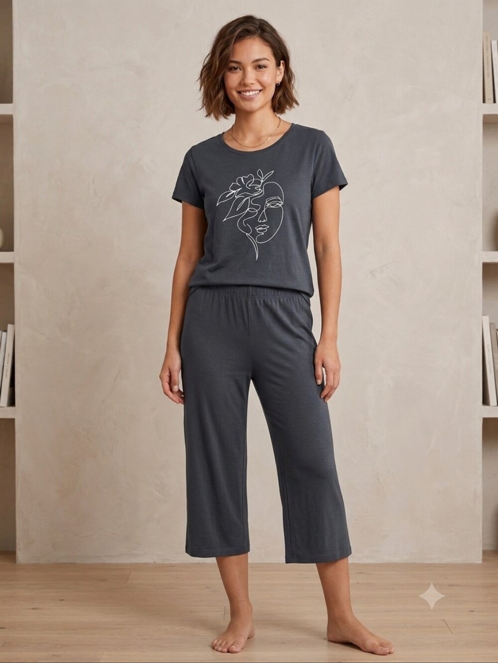 NWT Esmara 2 Piece Lounge Pajama Set Navy Line Art Cotton Large